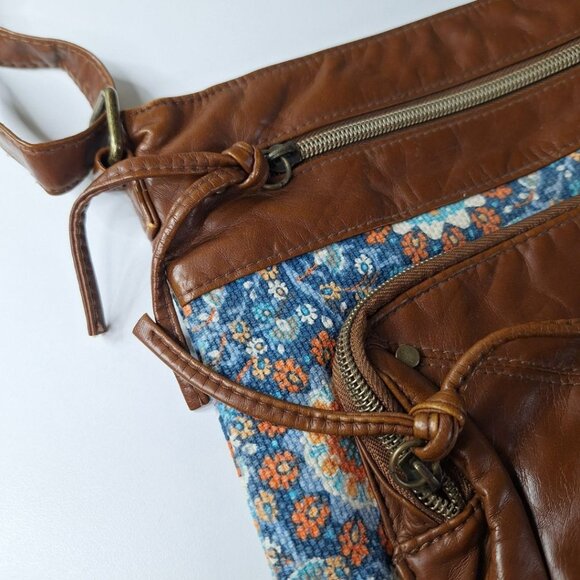 Crossbody Leather Cloth Purse Handbag Floral Zipper Pockets Adjustable Strap - Picture 9 of 12